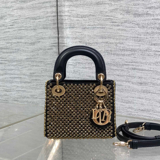 DIOR 25S MINI LADY D-LITE BAG 12 IN BLACK CANVAS AND CALFSKIN CRYSTAL-STUDDED