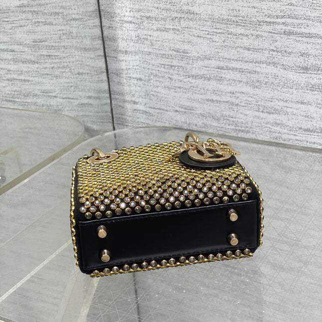 DIOR 25S MINI LADY D-LITE BAG 12 IN BLACK CANVAS AND CALFSKIN CRYSTAL-STUDDED