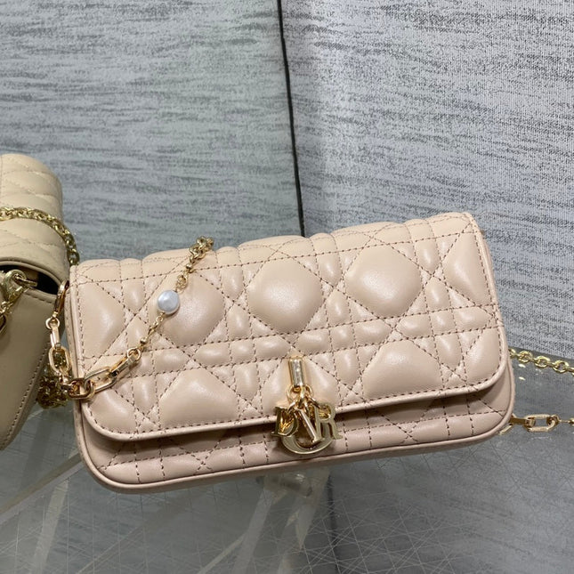 DIOR 25S DIOR TALK PHONE POUCH 18 IN LIGHT IVORY CANNAGE LAMBSKIN