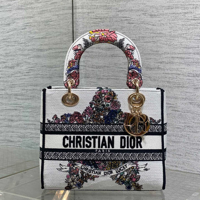 DIOR 25S SMALL LADY D-LITE BAG 24 IN WHITE RED DIOR STAR EMBROIDERY