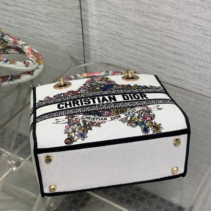 DIOR 25S SMALL LADY D-LITE BAG 24 IN WHITE RED DIOR STAR EMBROIDERY
