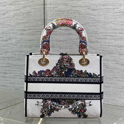 DIOR 25S SMALL LADY D-LITE BAG 24 IN WHITE RED DIOR STAR EMBROIDERY