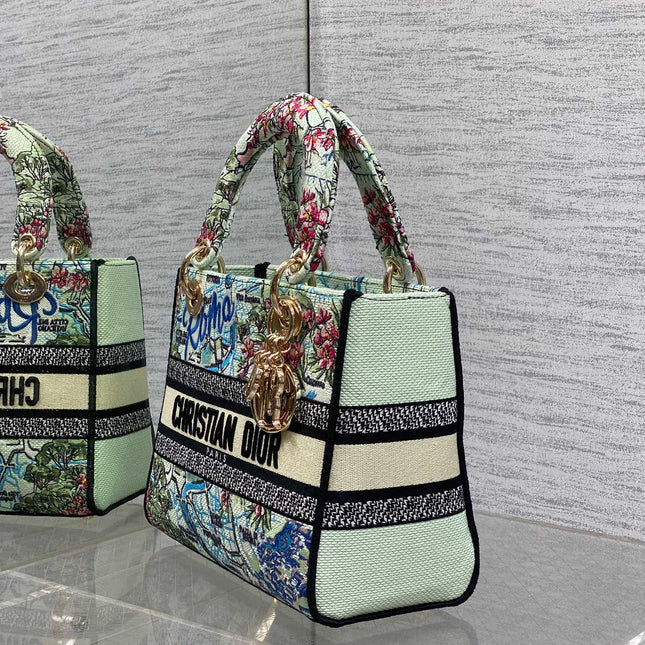DIOR 25S SMALL LADY D-LITE BAG 24 IN BLUE AND WHITE CANVAS FLORAL EMBROIDERY