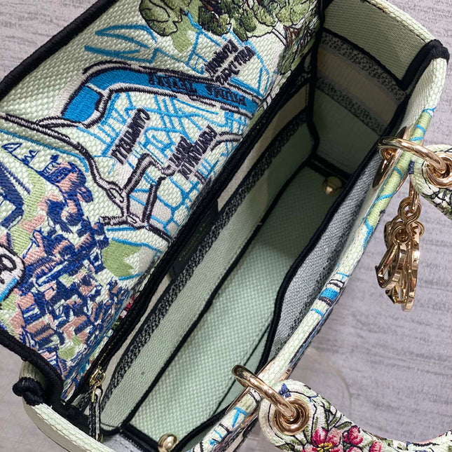 DIOR 25S SMALL LADY D-LITE BAG 24 IN BLUE AND WHITE CANVAS FLORAL EMBROIDERY