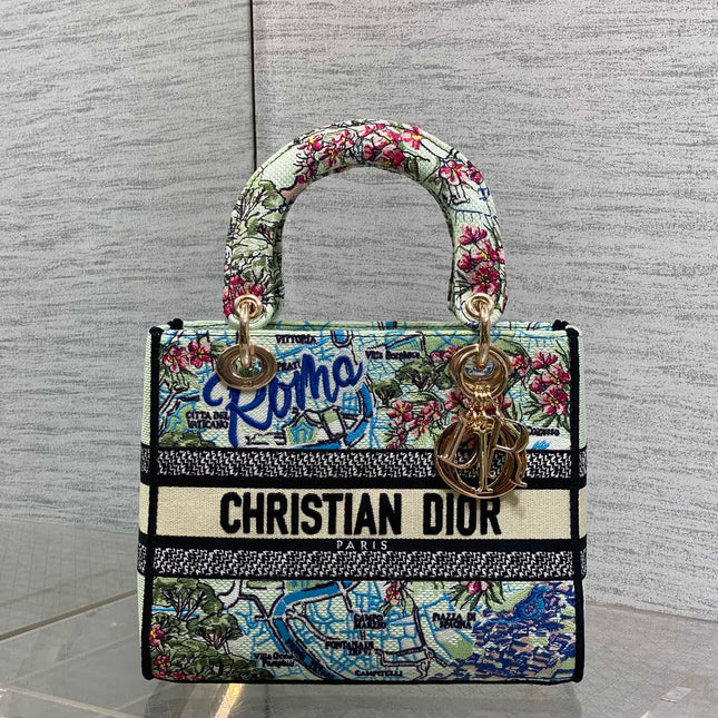 DIOR 25S SMALL LADY D-LITE BAG 24 IN BLUE AND WHITE CANVAS FLORAL EMBROIDERY