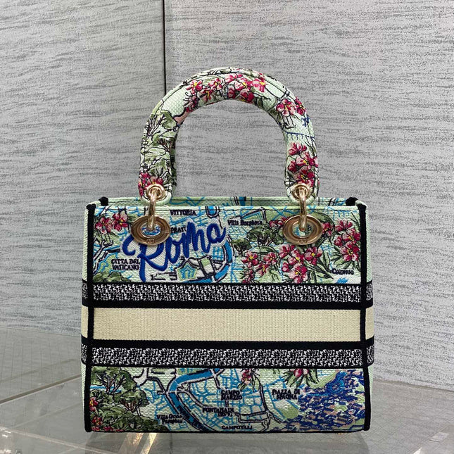 DIOR 25S SMALL LADY D-LITE BAG 24 IN BLUE AND WHITE CANVAS FLORAL EMBROIDERY
