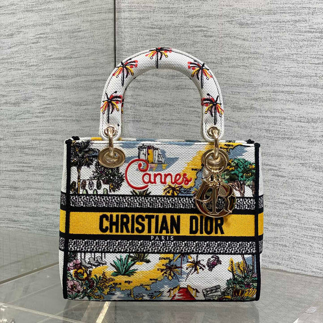 DIOR 25S SMALL LADY D-LITE BAG 24 IN YELLOW CANVAS DIOR CANNES