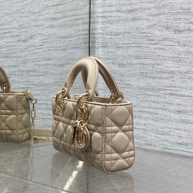 DIOR 25S MICRO LADY D-JOY 19 IN POWDER BEIGE CALFSKIN GOLD HARDWARE