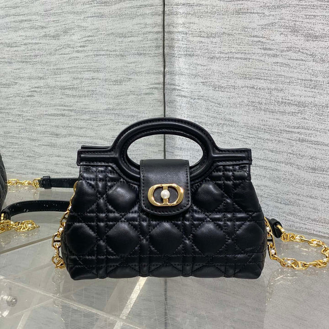 DIOR 25S JOLIE TOP HANDLE MINI BAG 18 IN BLACK CALFSKIN GOLD HARDWARE