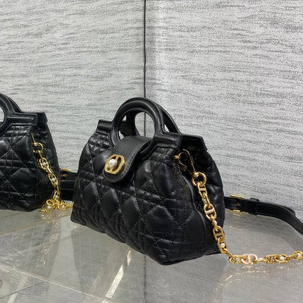 DIOR 25S JOLIE TOP HANDLE MINI BAG 18 IN BLACK CALFSKIN GOLD HARDWARE