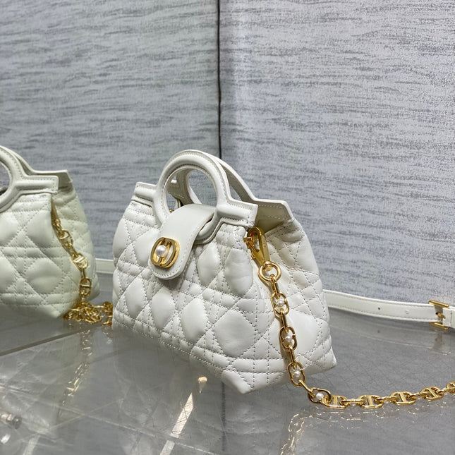 DIOR 25S JOLIE TOP HANDLE MINI BAG 18 IN WHITE CALFSKIN GOLD HARDWARE