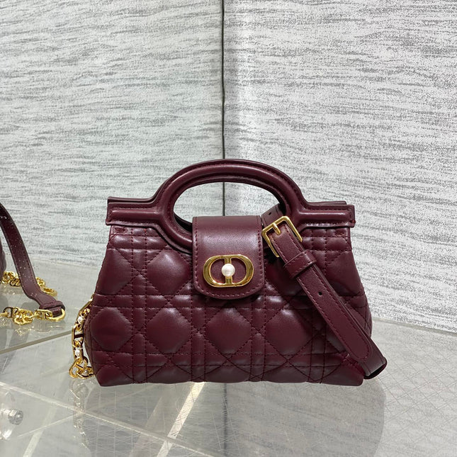 DIOR 25S JOLIE TOP HANDLE MINI BAG 18 IN BURGUNDY CALFSKIN GOLD HARDWARE