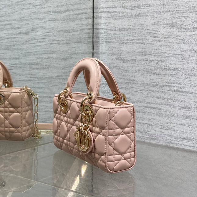 DIOR 25S MICRO LADY D-JOY 19 IN BABY PINK CALFSKIN GOLD HARDWARE