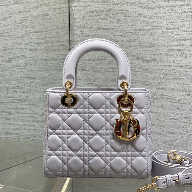 DIOR 25S LADY DIOR BAG 20 IN LILAC CANNAGE CALFSKIN GOLD HARDWARE