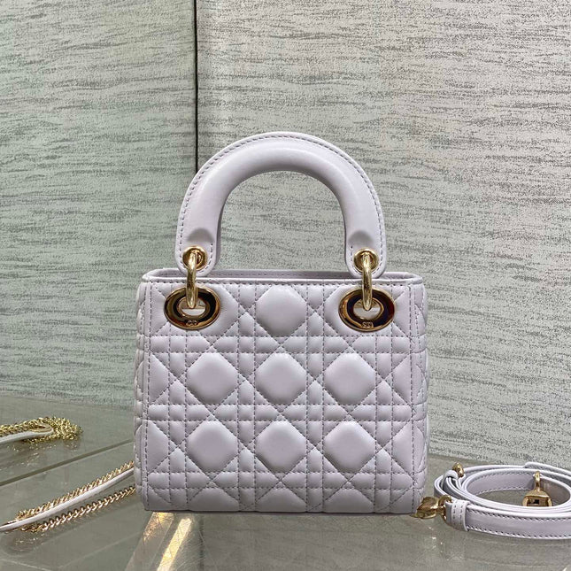DIOR 25S MINI LADY DIOR BAG 17 IN LILAC CANNAGE CALFSKIN GOLD HARDWARE