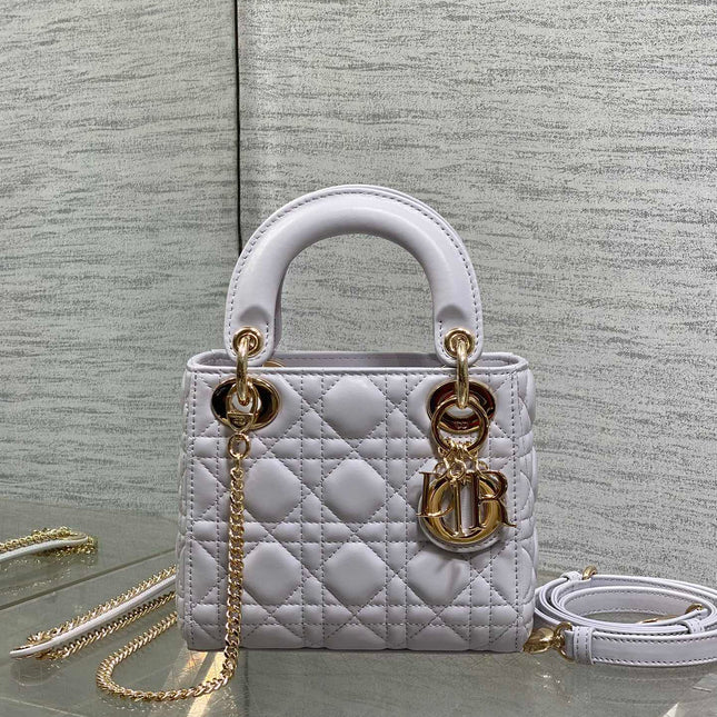 DIOR 25S MINI LADY DIOR BAG 17 IN LILAC CANNAGE CALFSKIN GOLD HARDWARE