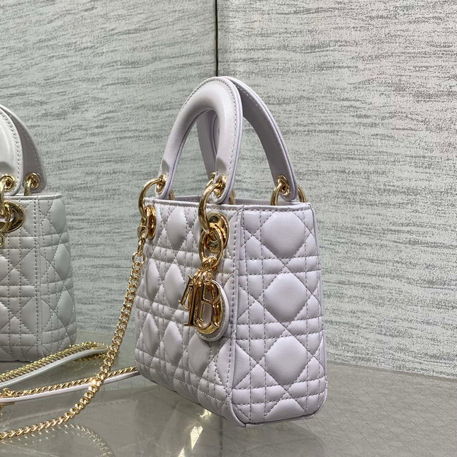 DIOR 25S MINI LADY DIOR BAG 17 IN LILAC CANNAGE CALFSKIN GOLD HARDWARE