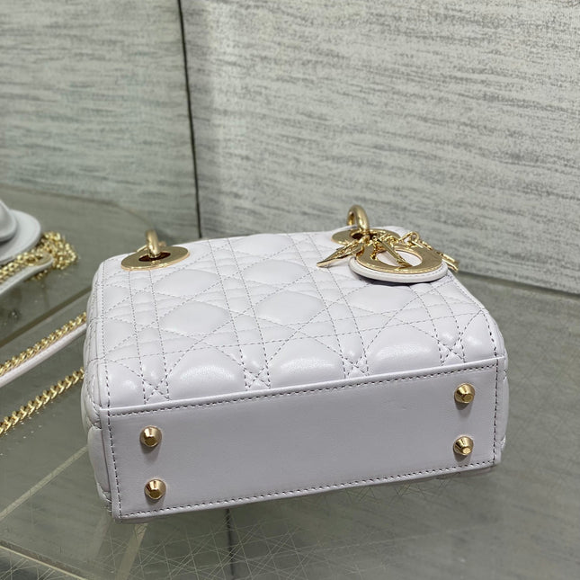 DIOR 25S MINI LADY DIOR BAG 17 IN LILAC CANNAGE CALFSKIN GOLD HARDWARE