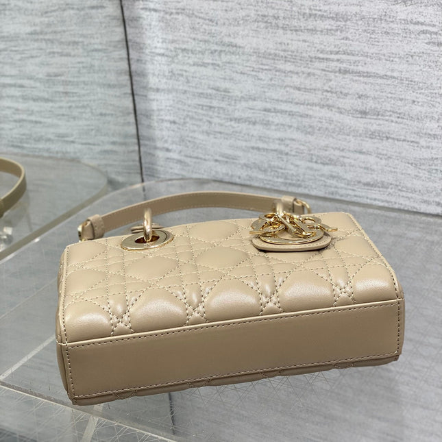 DIOR 25S SMALL LADY D‑JOY BAG 19 IN DARK BEIGE CANNAGE CALFSKIN GOLD HARDWARE