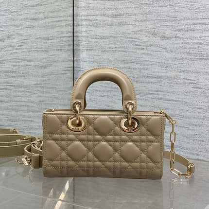 DIOR 25S SMALL LADY D‑JOY BAG 19 IN DARK BEIGE CANNAGE CALFSKIN GOLD HARDWARE