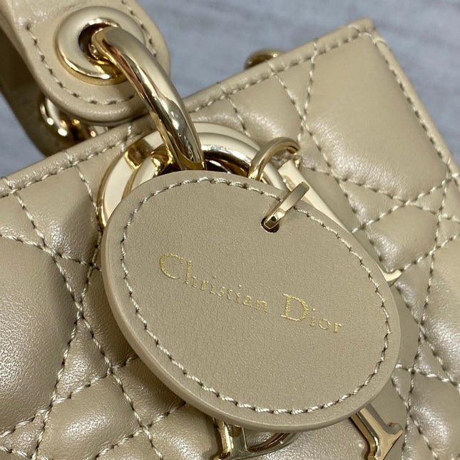 DIOR 25S SMALL LADY D‑JOY BAG 19 IN DARK BEIGE CANNAGE CALFSKIN GOLD HARDWARE
