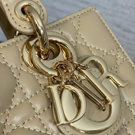 DIOR 25S SMALL LADY D‑JOY BAG 19 IN DARK BEIGE CANNAGE CALFSKIN GOLD HARDWARE