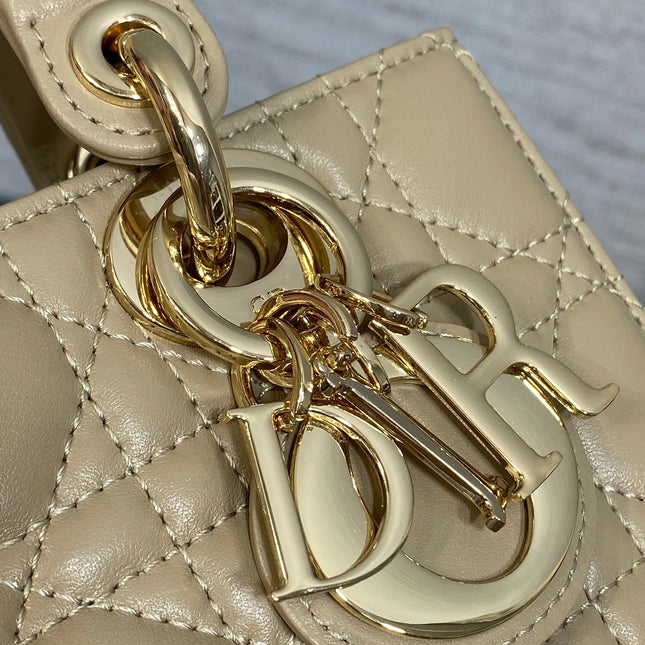DIOR 25S SMALL LADY D‑JOY BAG 19 IN DARK BEIGE CANNAGE CALFSKIN GOLD HARDWARE
