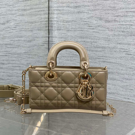 DIOR 25S SMALL LADY D‑JOY BAG 19 IN DARK BEIGE CANNAGE CALFSKIN GOLD HARDWARE