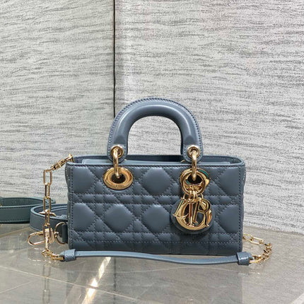 DIOR 25S SMALL LADY D‑JOY BAG 19 IN STEEL BLUE GRAY CANNAGE CALFSKIN GOLD HARDWARE