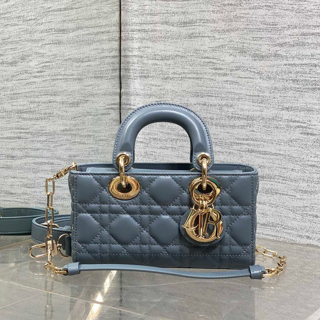 DIOR 25S SMALL LADY D‑JOY BAG 19 IN STEEL BLUE GRAY CANNAGE CALFSKIN GOLD HARDWARE