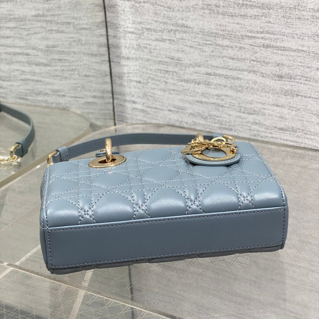 DIOR 25S SMALL LADY D‑JOY BAG 19 IN STEEL BLUE GRAY CANNAGE CALFSKIN GOLD HARDWARE