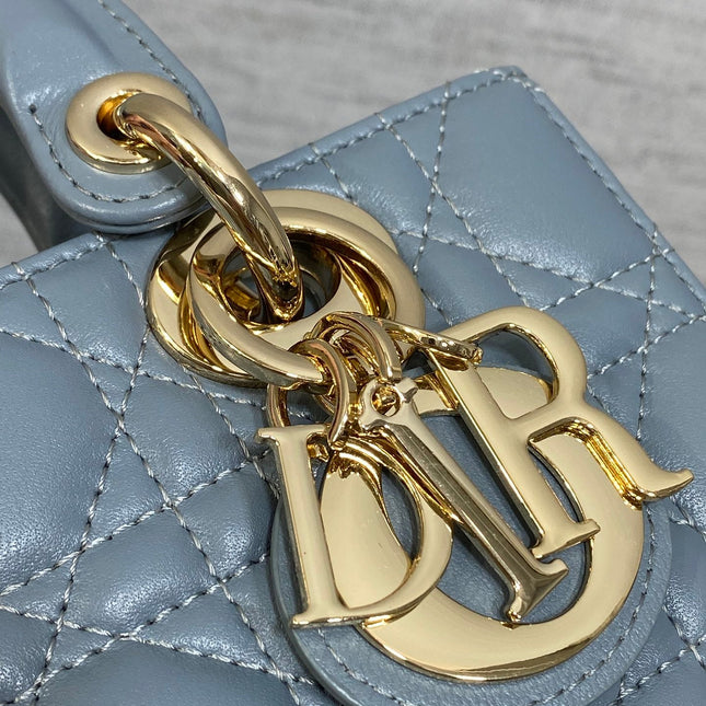 DIOR 25S SMALL LADY D‑JOY BAG 19 IN STEEL BLUE GRAY CANNAGE CALFSKIN GOLD HARDWARE