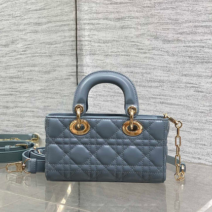 DIOR 25S SMALL LADY D‑JOY BAG 19 IN STEEL BLUE GRAY CANNAGE CALFSKIN GOLD HARDWARE