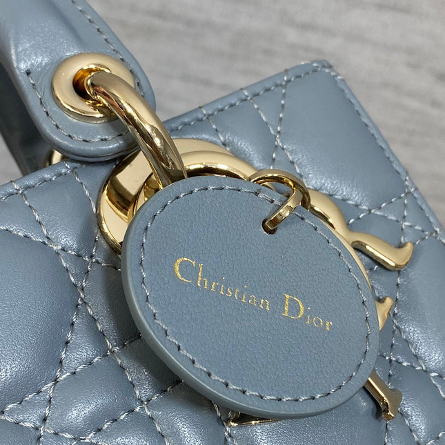DIOR 25S SMALL LADY D‑JOY BAG 19 IN STEEL BLUE GRAY CANNAGE CALFSKIN GOLD HARDWARE