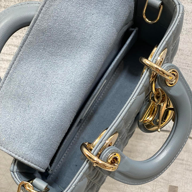 DIOR 25S SMALL LADY D‑JOY BAG 19 IN STEEL BLUE GRAY CANNAGE CALFSKIN GOLD HARDWARE