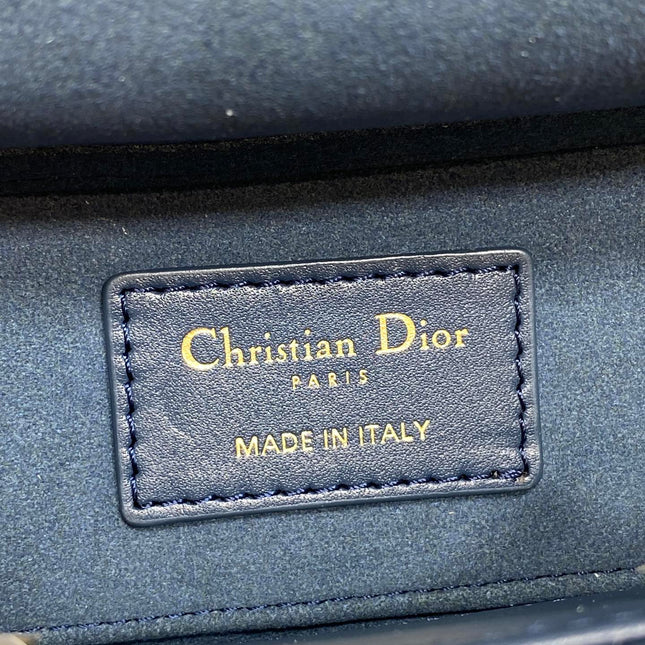 DIOR 25S SMALL LADY D‑JOY BAG 19 IN DARK BLUE CANNAGE CALFSKIN GOLD HARDWARE