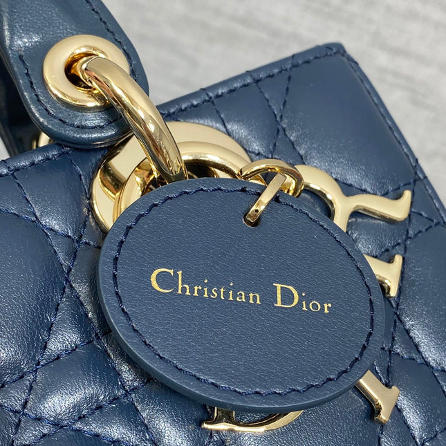 DIOR 25S SMALL LADY D‑JOY BAG 19 IN DARK BLUE CANNAGE CALFSKIN GOLD HARDWARE