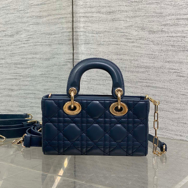 DIOR 25S SMALL LADY D‑JOY BAG 19 IN DARK BLUE CANNAGE CALFSKIN GOLD HARDWARE
