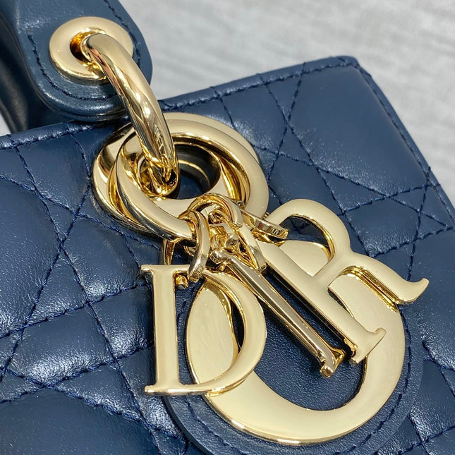 DIOR 25S SMALL LADY D‑JOY BAG 19 IN DARK BLUE CANNAGE CALFSKIN GOLD HARDWARE