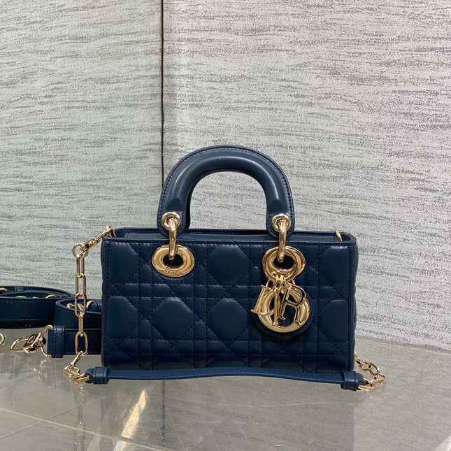 DIOR 25S SMALL LADY D‑JOY BAG 19 IN DARK BLUE CANNAGE CALFSKIN GOLD HARDWARE