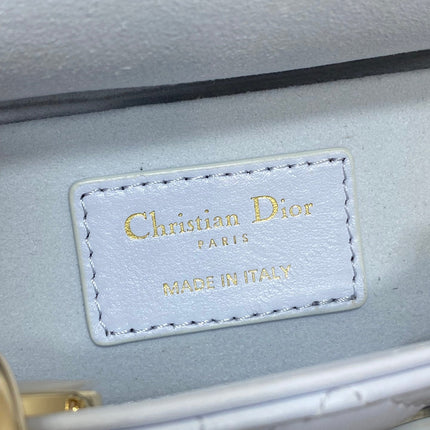 DIOR 25S SMALL LADY D‑JOY BAG 19 IN LIGHT BLUE CANNAGE CALFSKIN GOLD HARDWARE