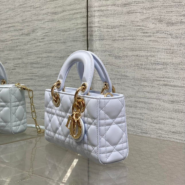 DIOR 25S SMALL LADY D‑JOY BAG 19 IN LIGHT BLUE CANNAGE CALFSKIN GOLD HARDWARE
