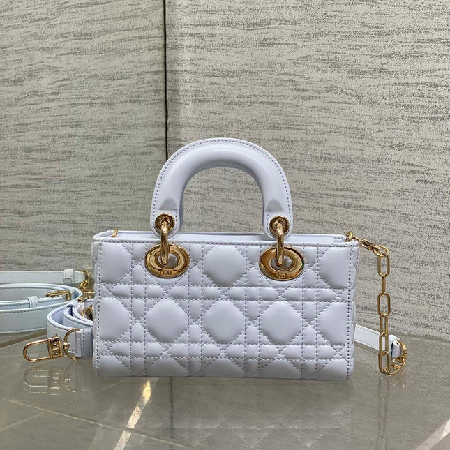 DIOR 25S SMALL LADY D‑JOY BAG 19 IN LIGHT BLUE CANNAGE CALFSKIN GOLD HARDWARE