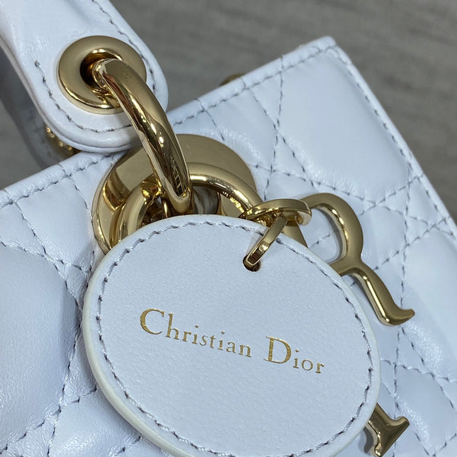 DIOR 25S SMALL LADY D‑JOY BAG 19 IN LIGHT BLUE CANNAGE CALFSKIN GOLD HARDWARE