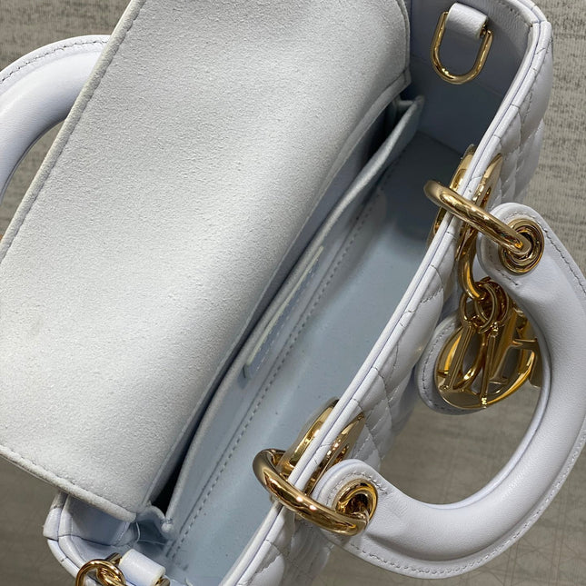 DIOR 25S SMALL LADY D‑JOY BAG 19 IN LIGHT BLUE CANNAGE CALFSKIN GOLD HARDWARE