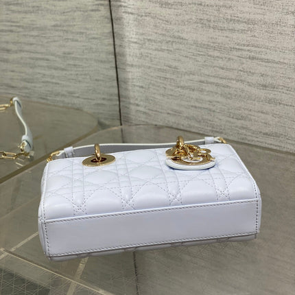 DIOR 25S SMALL LADY D‑JOY BAG 19 IN LIGHT BLUE CANNAGE CALFSKIN GOLD HARDWARE
