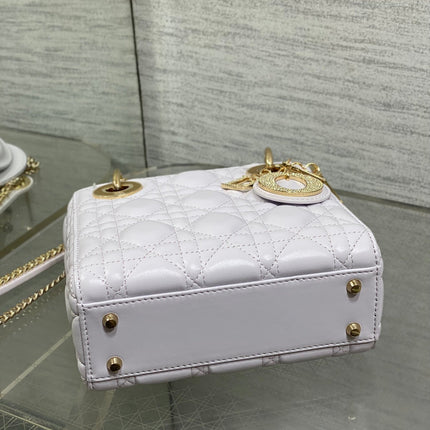 DIOR 25S MINI LADY DIOR BAG 17 IN LILAC CALFSKIN CHARM CRYSTAL EMBELLISHMENTS