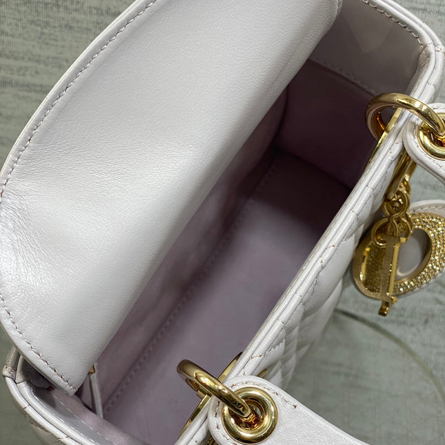 DIOR 25S MINI LADY DIOR BAG 17 IN LILAC CALFSKIN CHARM CRYSTAL EMBELLISHMENTS