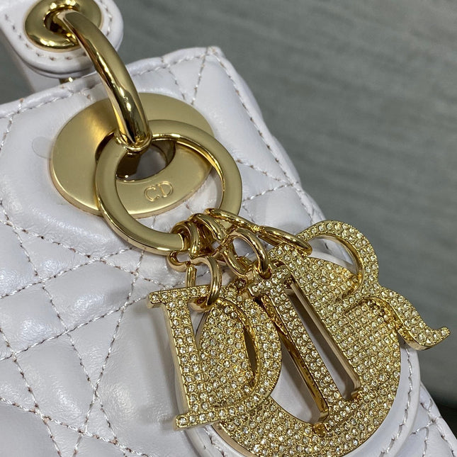 DIOR 25S MINI LADY DIOR BAG 17 IN LILAC CALFSKIN CHARM CRYSTAL EMBELLISHMENTS