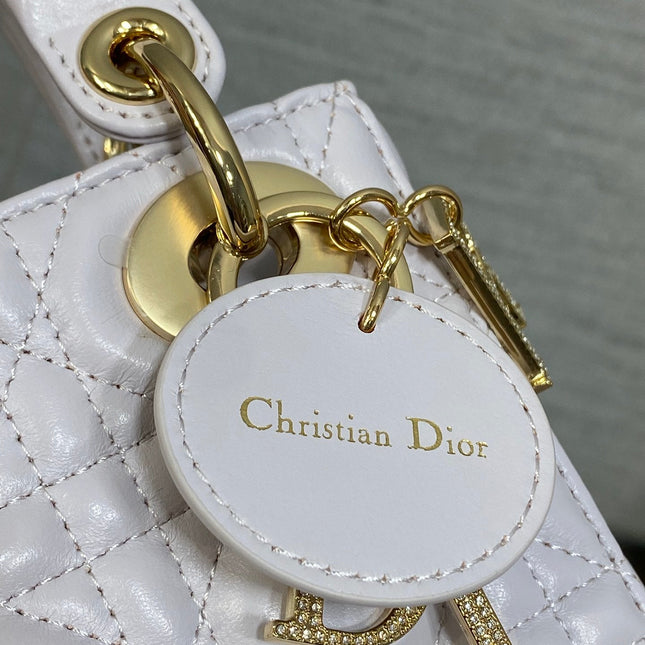 DIOR 25S MINI LADY DIOR BAG 17 IN LILAC CALFSKIN CHARM CRYSTAL EMBELLISHMENTS